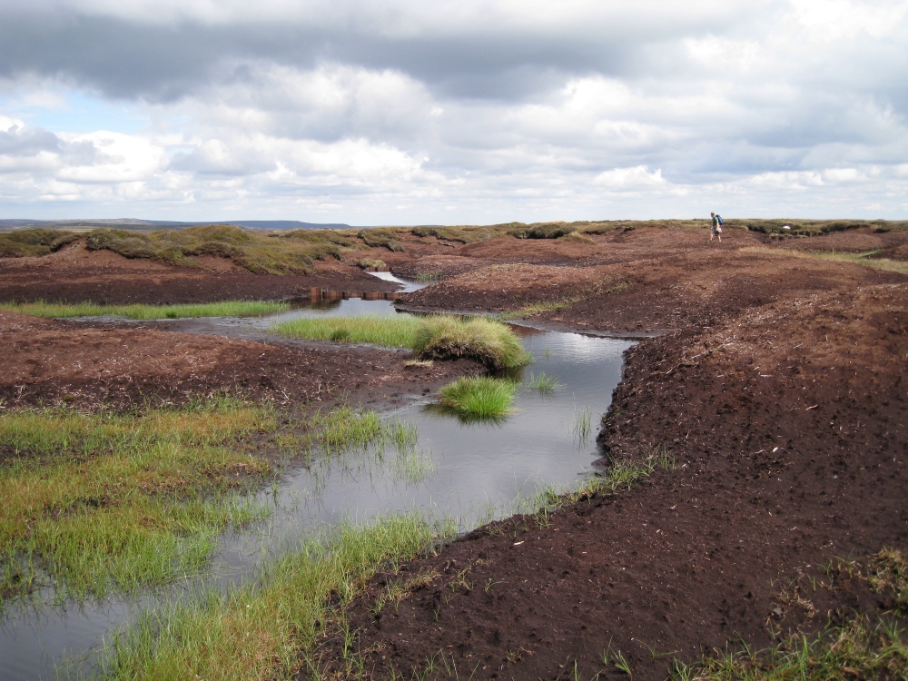 Exposed bare peat and extensive erosion on Kinder Scout, Peak District